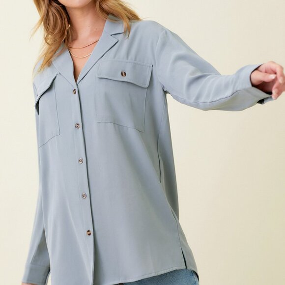 MYSTREE Light Blue Button-Down Blouse, Relaxed Fit Collared Shirt, Soft Flowy - Picture 2 of 5